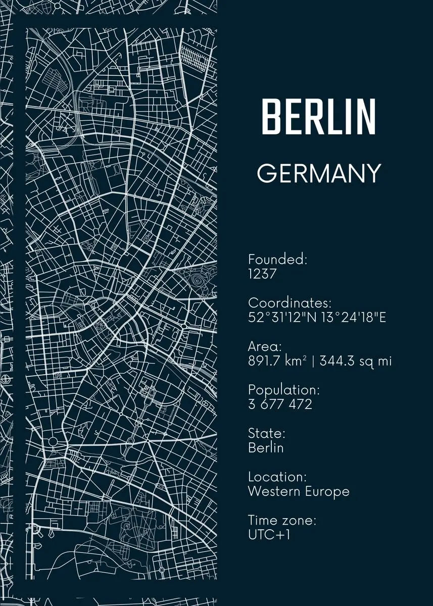Map of Berlin, Germany with text details on a dark blue background