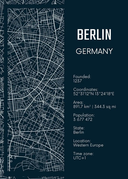 Map of Berlin, Germany with text details on a dark blue background