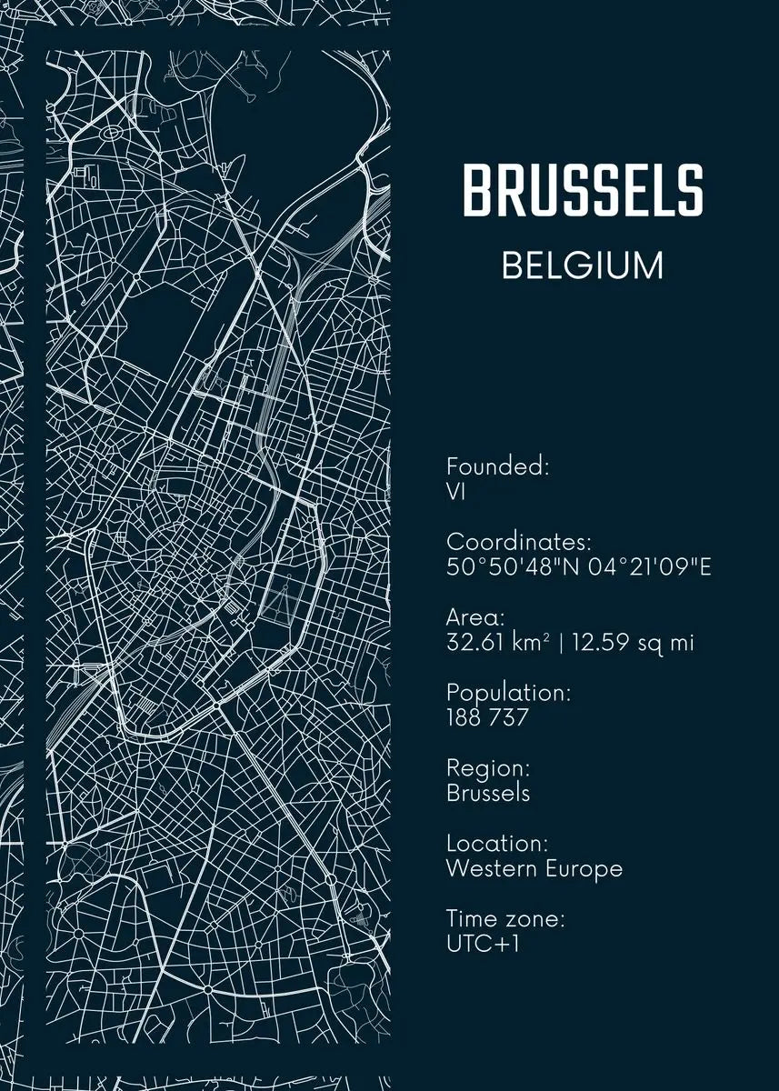 Map of Brussels, Belgium with text details on a dark blue background