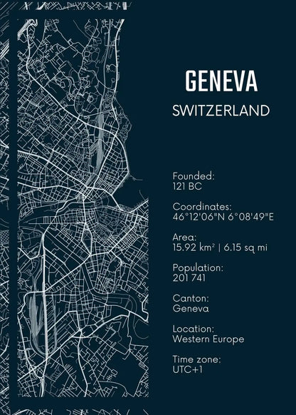 Map of Geneva, Switzerland with text details on a dark blue background