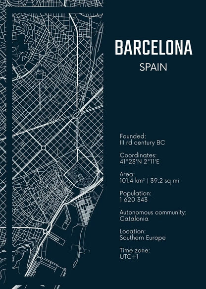 Map of Barcelona with text details on a dark blue background