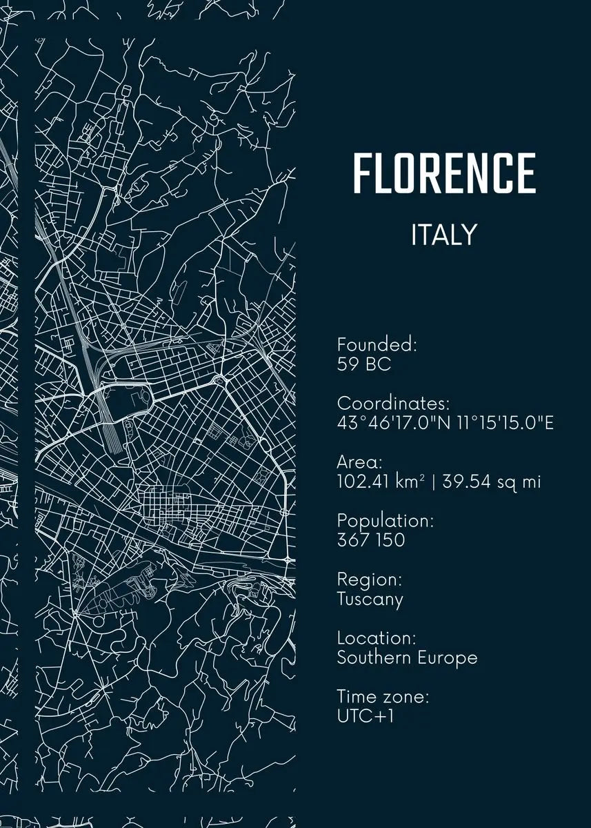Map of Florence, Italy with key information on a dark blue background