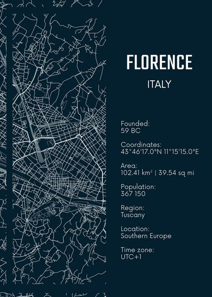 Map of Florence, Italy with key information on a dark blue background