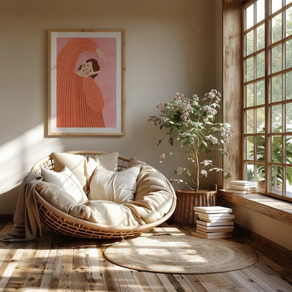 Cozy room with a round wicker chair, framed artwork, and a large window.