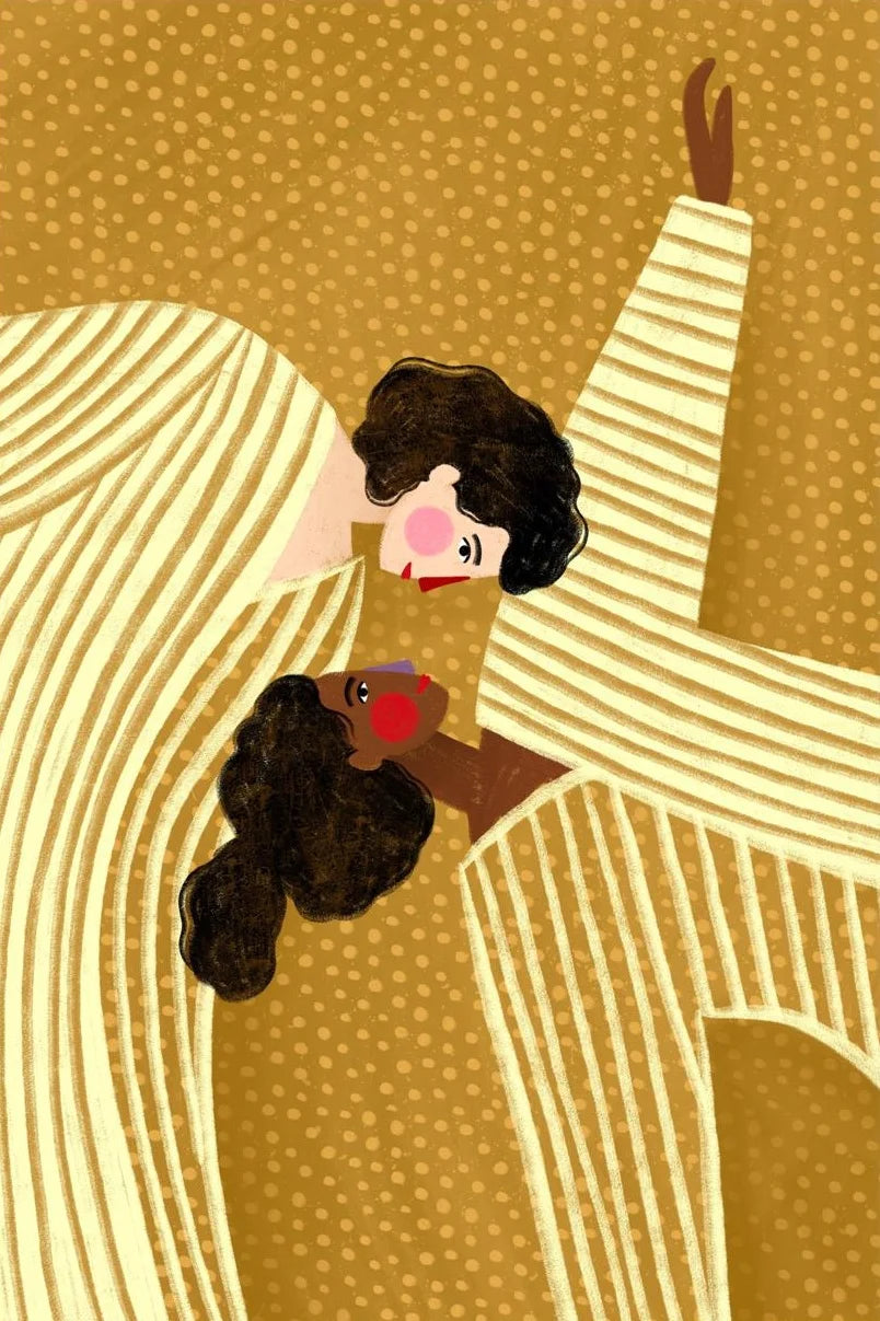 Illustration of a woman holding a child against a patterned background