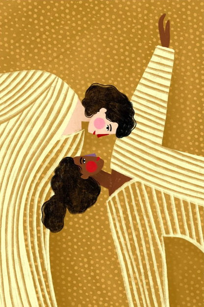 Illustration of a woman holding a child against a patterned background