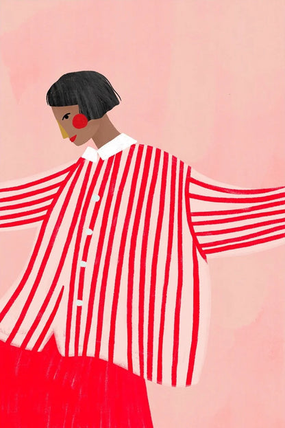 Illustration of a person wearing a red and white striped sweater on a pink background