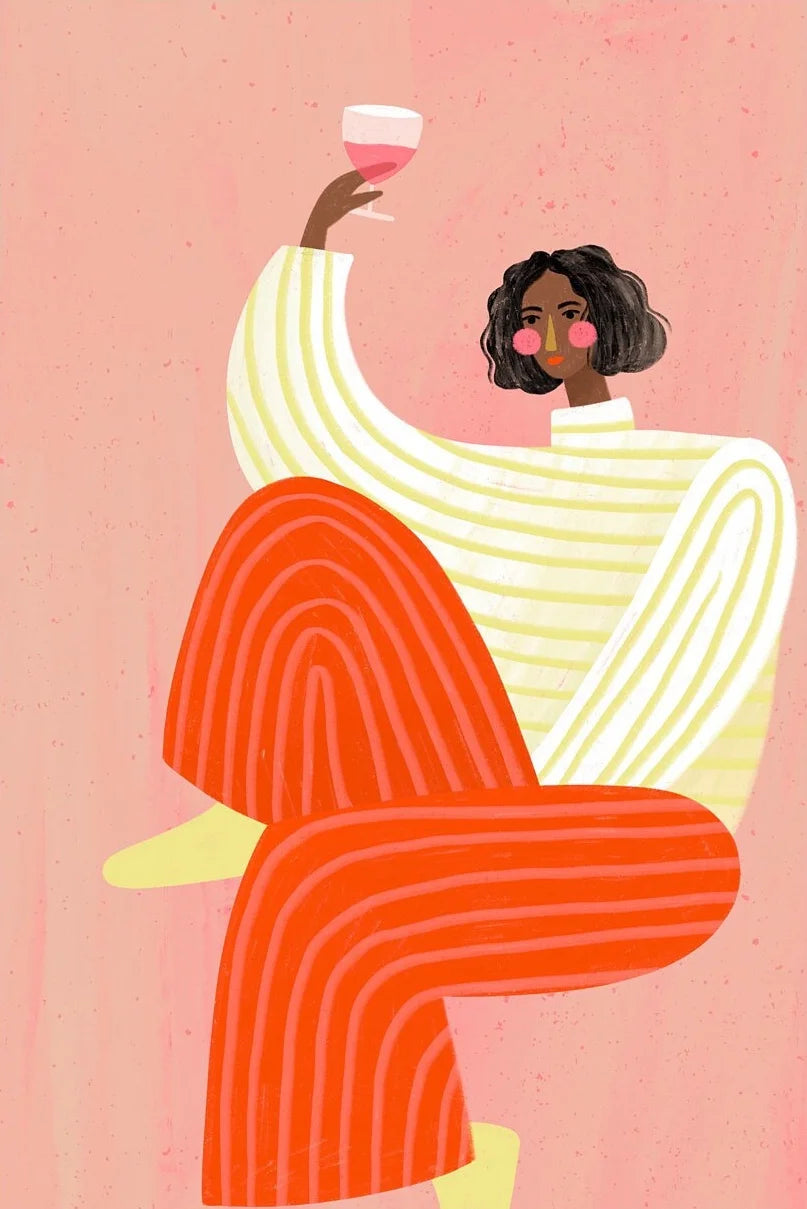 Illustration of a person sitting with a glass of pink wine on a pink background