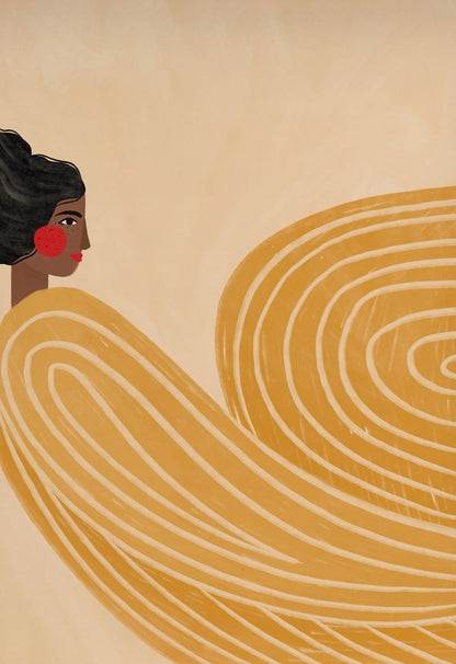 Illustration of a woman with flowing hair on a beige background