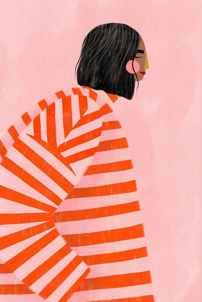 Illustration of a person wearing a red and orange striped garment on a pink background