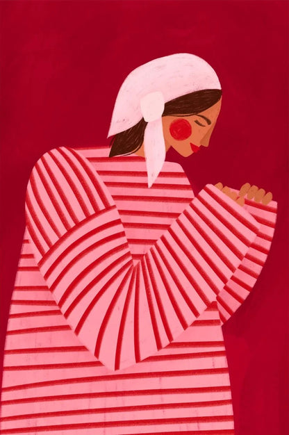 Illustration of a woman wearing a pink striped dress and headscarf on a red background