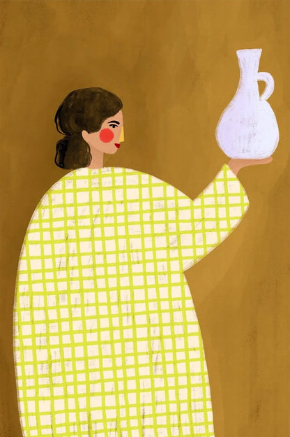 Illustration of a person holding a white vase against a brown background