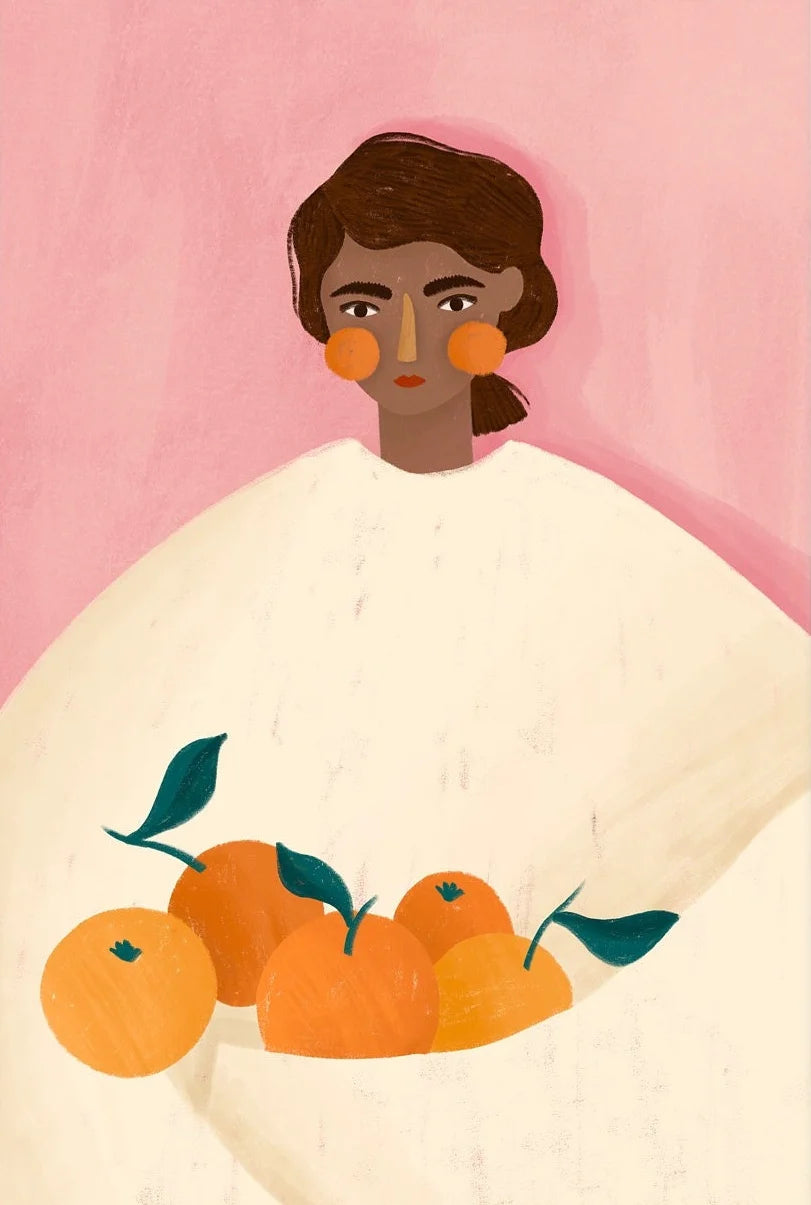Illustration of a person with oranges on a pink background