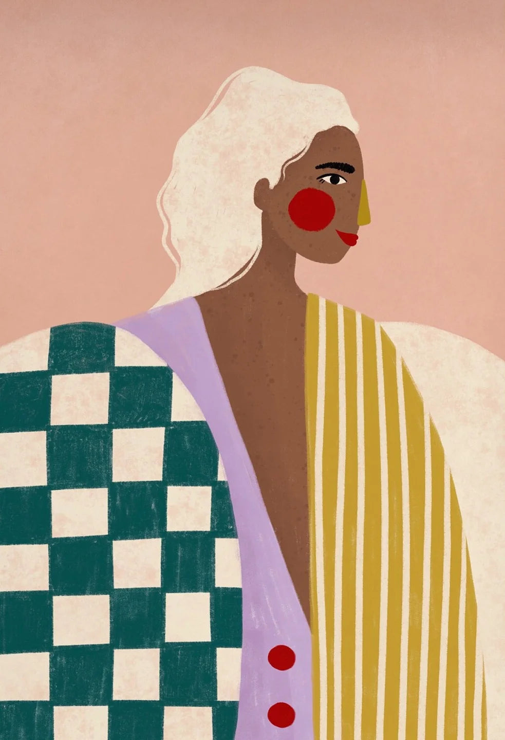 Illustration of a person wearing a checkered coat with a plain background