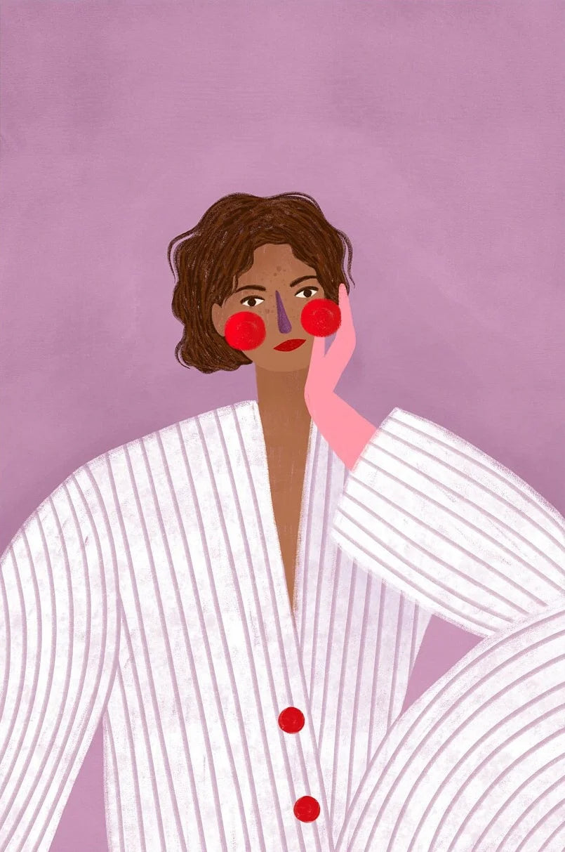 Illustration of a person wearing a white striped shirt with red buttons on a pink background