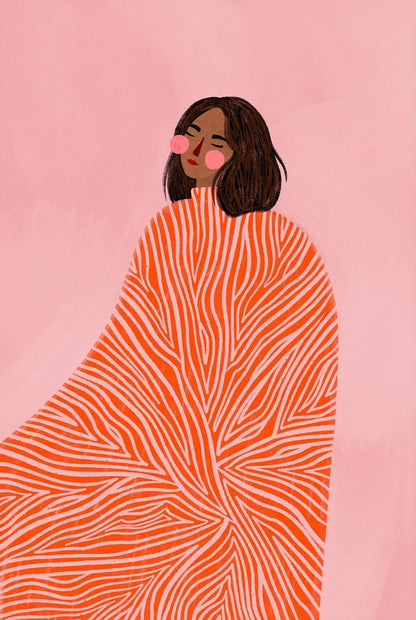 Illustration of a person wrapped in an orange and white patterned blanket against a pink background