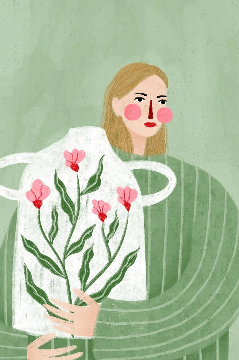 Illustration of a person holding a white garment with pink floral patterns against a green background