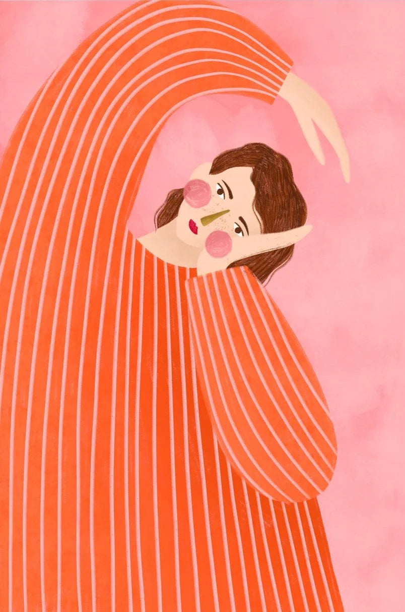 Illustration of a person wearing an orange striped dress against a pink background