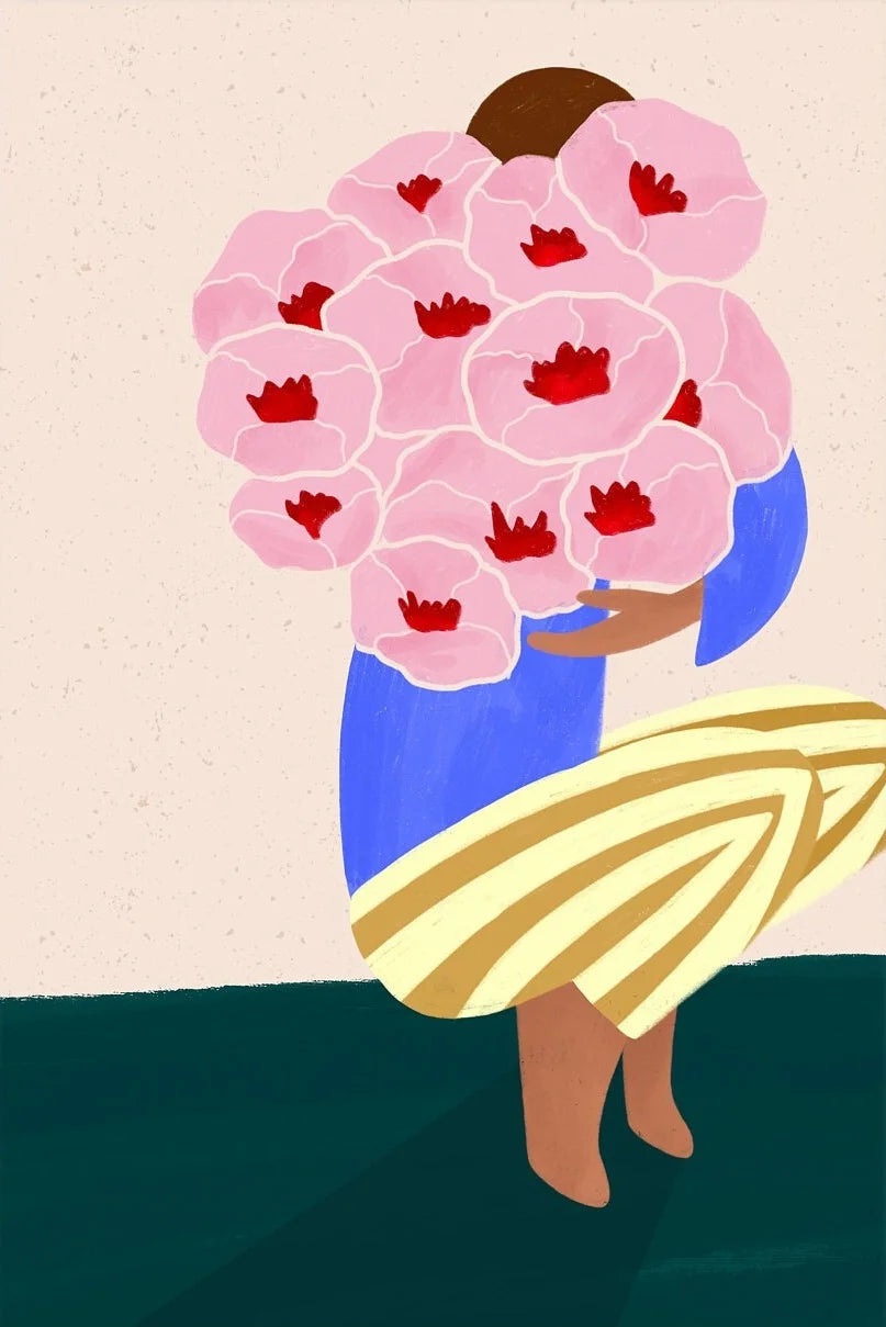 Illustration of a person holding a large bouquet of pink flowers with red centers on a beige background.