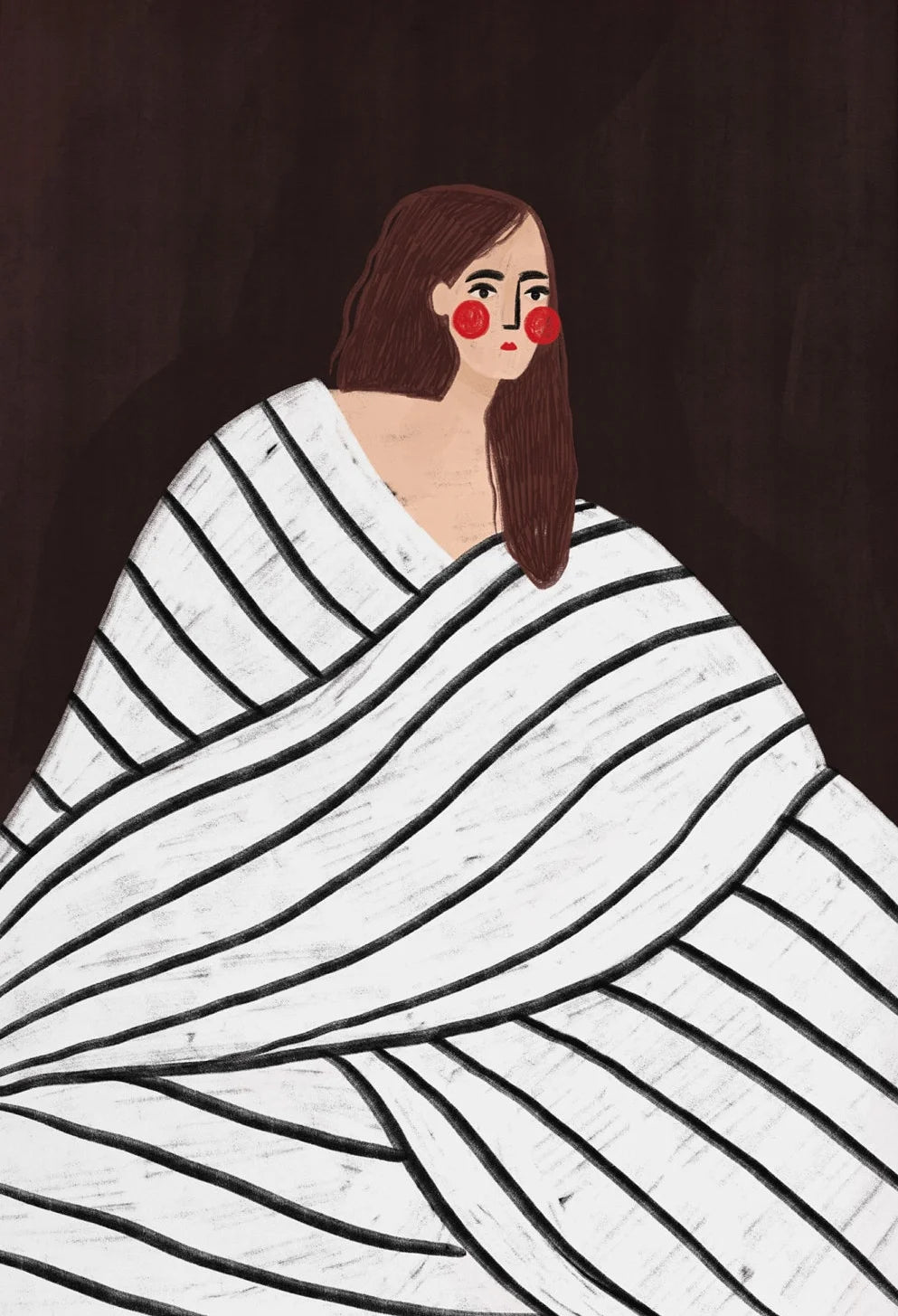 Illustration of a person wrapped in a white blanket with black lines on a dark background