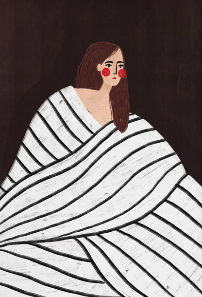 Illustration of a person wrapped in a white blanket with black lines on a dark background