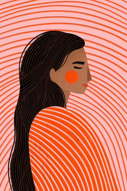 Illustration of a woman with long hair and a red dot on her face against a pink background with concentric circles.