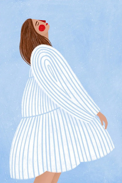 Illustration of a person wearing a white striped outfit on a light blue background