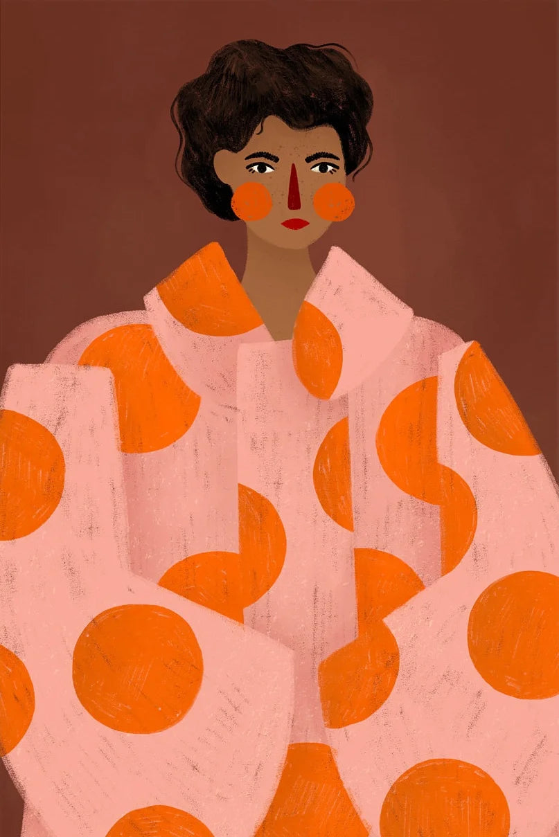 Illustration of a person wearing a pink garment with orange circular patterns on a brown background