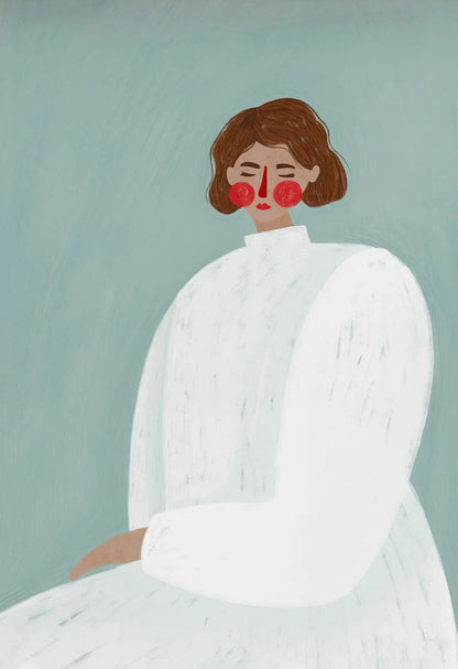 Illustration of a person wearing a white outfit against a light blue background