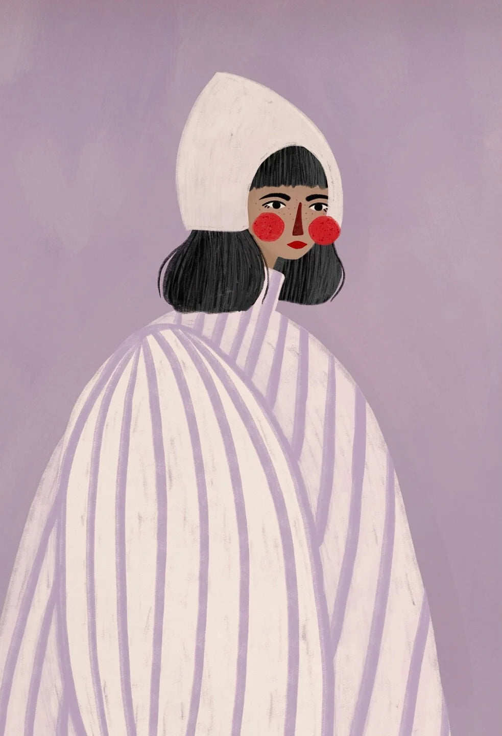 Artistic illustration of a person wearing a white hooded garment against a purple background