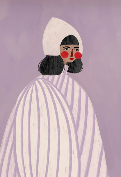 Artistic illustration of a person wearing a white hooded garment against a purple background