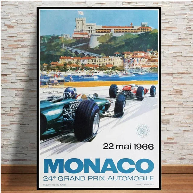 Vintage-style poster of a Monaco Grand Prix race with two cars on a track.
