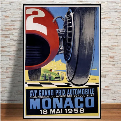 Vintage-style poster for Monaco Grand Prix with car wheel and race track details.