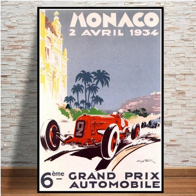 Vintage-style poster of a red race car on a track with palm trees and a building, featuring text about a Monaco Grand Prix event.