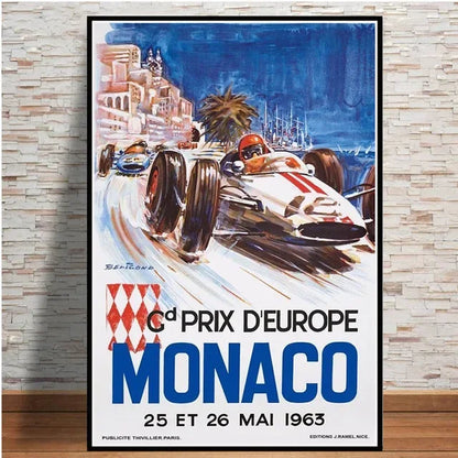 Vintage poster of a race car event in Monaco with a driver and race car on a stone wall background.