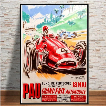 Vintage-style poster of a racing car on a track with scenic background, framed on a wall.