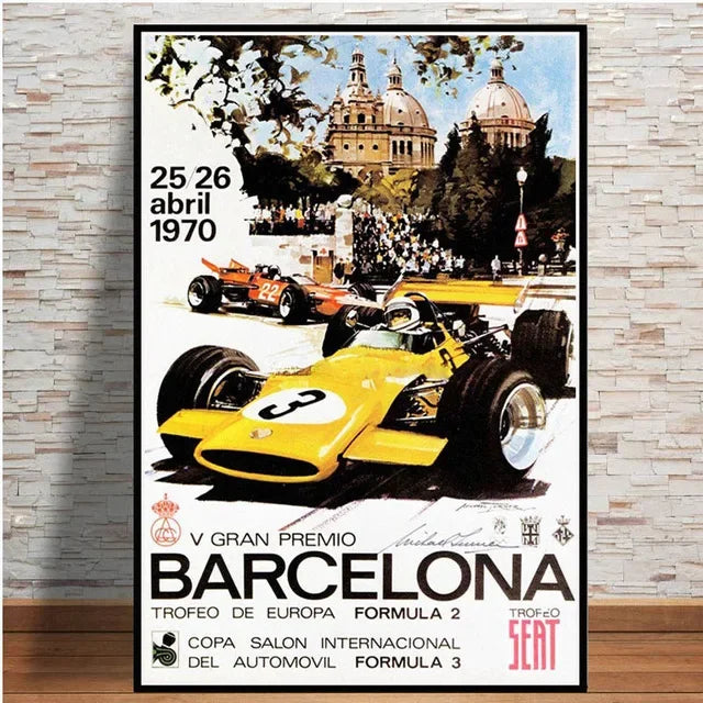 Vintage-style poster of a Formula 1 race in Barcelona with racing cars and architectural elements.