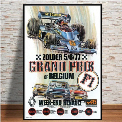 Poster of a vintage Grand Prix of Belgium F1 event with a racing car illustration.