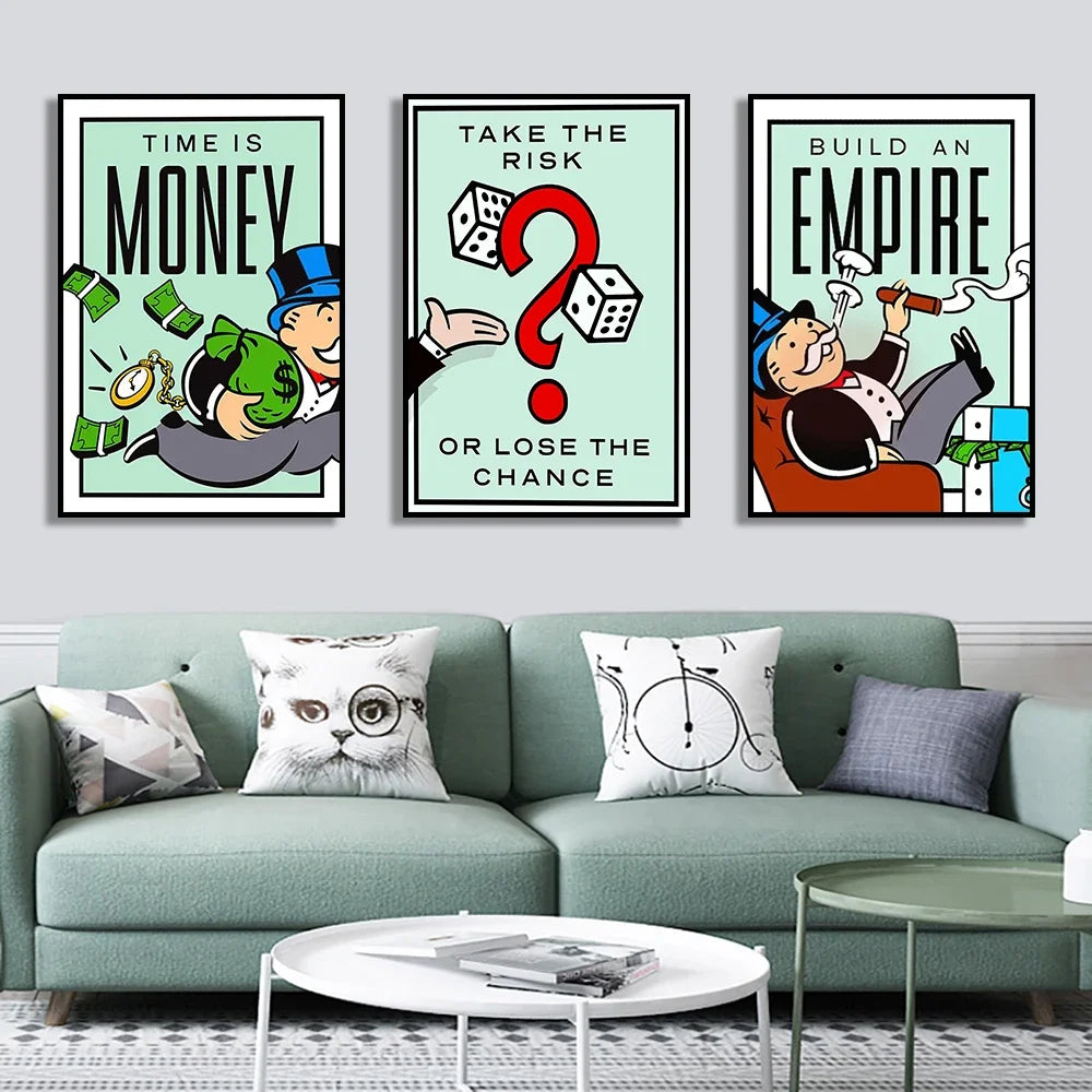 Three motivational posters on a wall above a green sofa with decorative pillows.