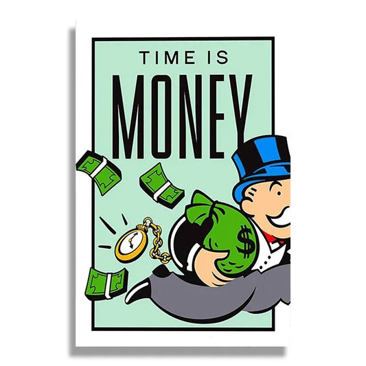 Cartoon character with a top hat and money-themed design on a light green background Canvas & Curio