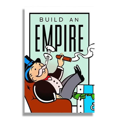 Cartoon character from a board game with text 'Build an Empire' on a light green background