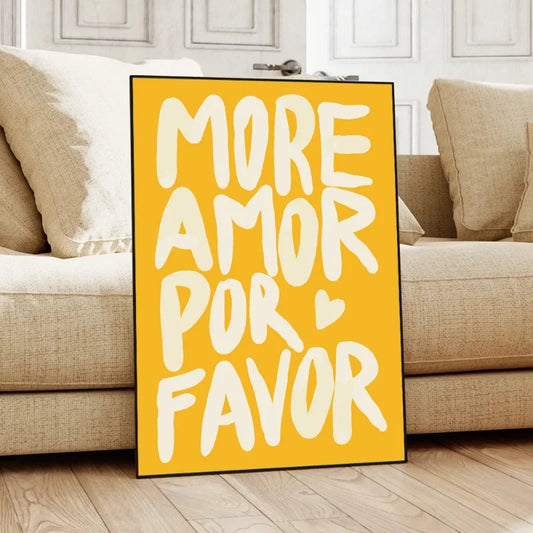 Yellow sign with white text 'MORE AMOR POR FAVOR' in a living room setting. Canvas & Curio
