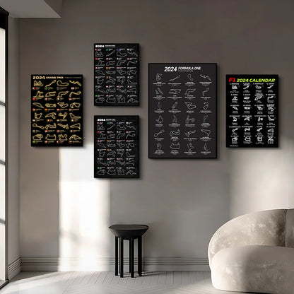 Five Formula One-themed posters on a gray wall with a modern chair and side table.