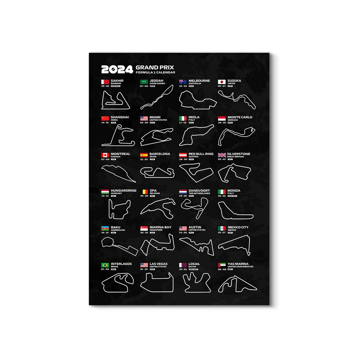 2024 Grand Prix Formula 1 calendar with race track outlines on a black background