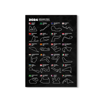 2024 Grand Prix Formula 1 calendar with race track outlines on a black background
