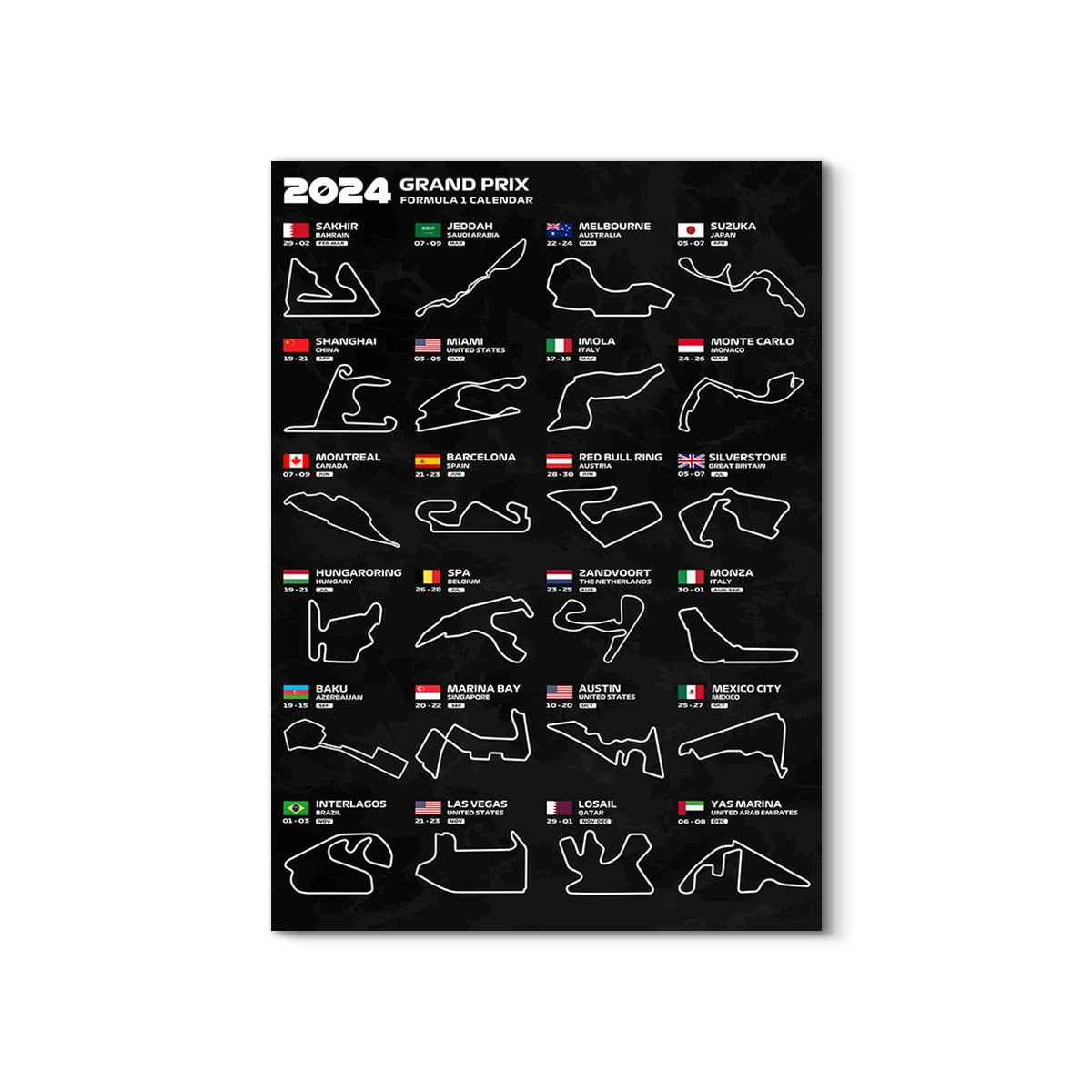 2024 Grand Prix Formula 1 circuit poster on a black background