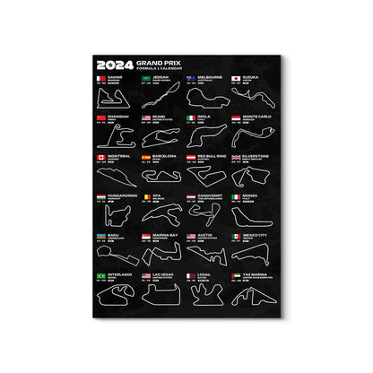 2024 Grand Prix Formula 1 circuit poster on a black background