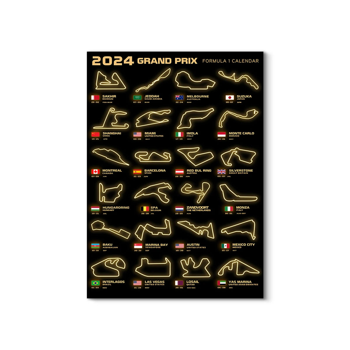 2024 Grand Prix Formula 1 Calendar with race track illustrations on a black background