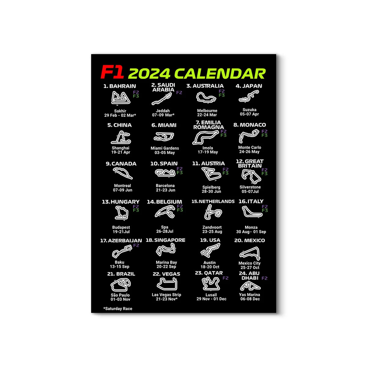 F1 2024 calendar with race locations and dates on a black background