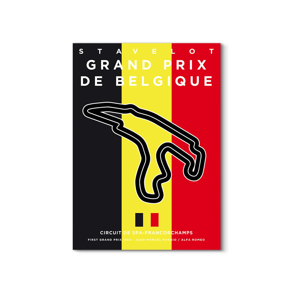 Poster of the Stavelot Grand Prix de Belgique with a black race track outline on a red, yellow, and black striped background.
